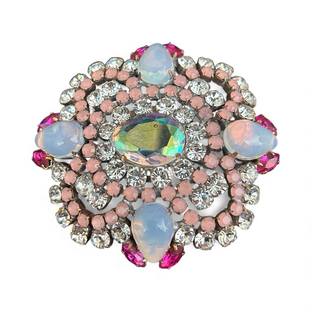 Bijoux MG Large 3.5” Brooch Pastel Rhinestone & Opaline Cabochon Statement Pin